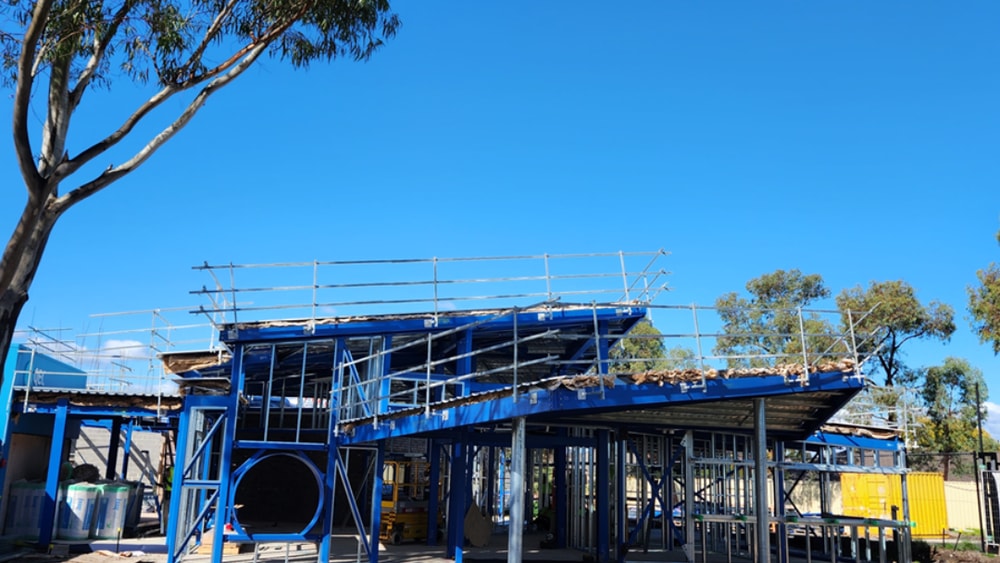 QEC build progress. Front of building steel works.