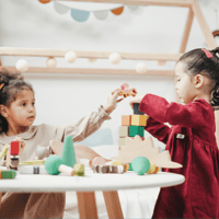 Two children sitting at a table playing with toys and blocks.